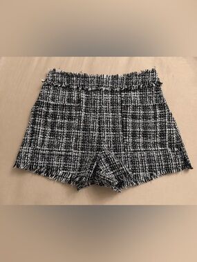 Black White Tweed High Waisted Shorts Fringe Trim Chic Parisian Style Frayed Hem